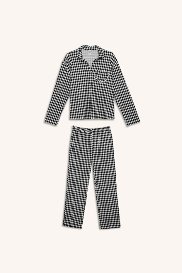 Pijama Takımı Kareli Uzun Kollu Üst Beli Lastikli Uzun Alt-Fall in Love E3464AX25SP - 7