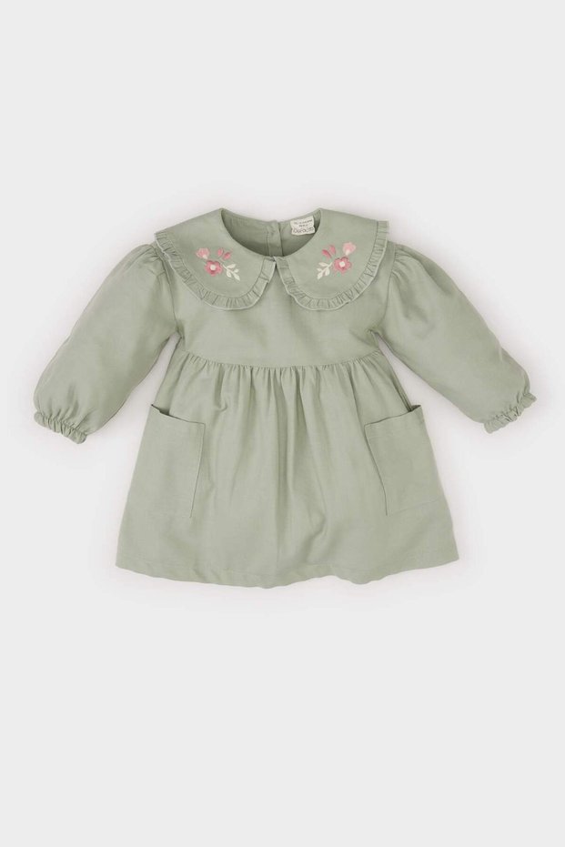Baby Girl Big Neckline Embroidery Long Sleeve Pocket Twill Dress D9566A525Sp