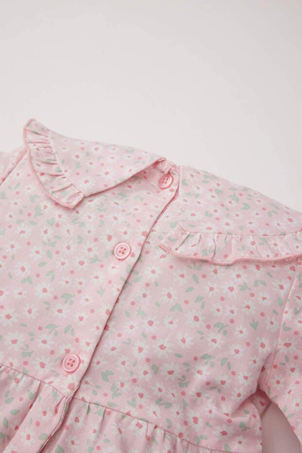 Kız Bebek Büyük Yaka Çiçekli Uzun Kollu Twill Elbise D9329A525SP - 4
