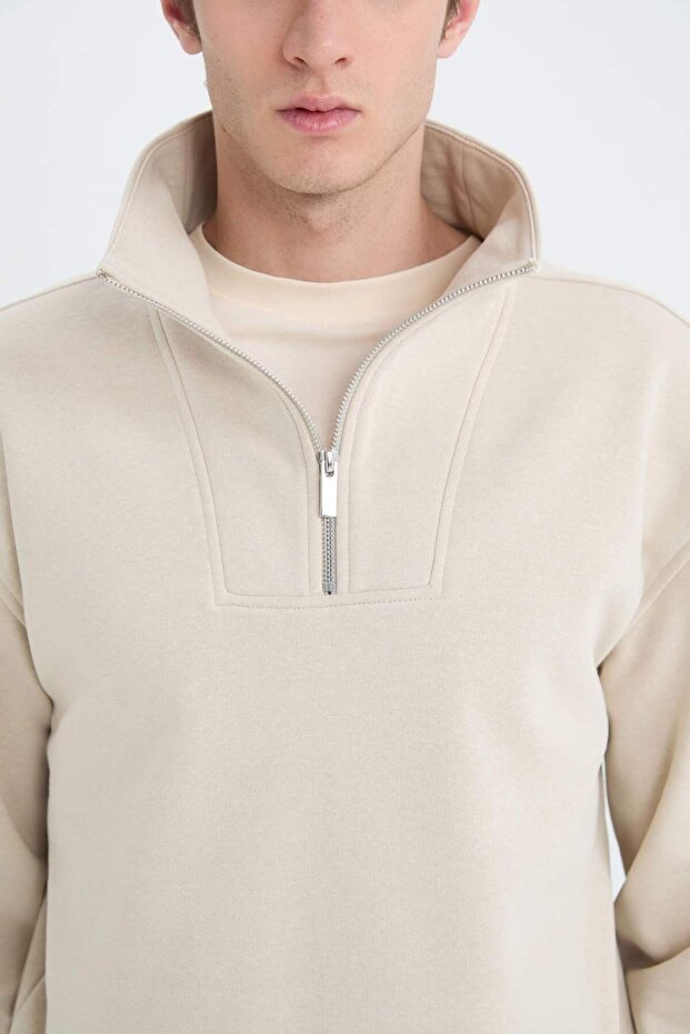 Relax Fit Dik Yaka Fermuarlı Basic Düz Kalın Sweatshirt E5332AX24WN - 5