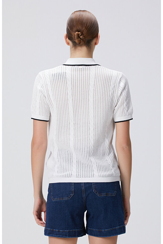 Beyaz Delikli Örgü Triko Gömlek - 5