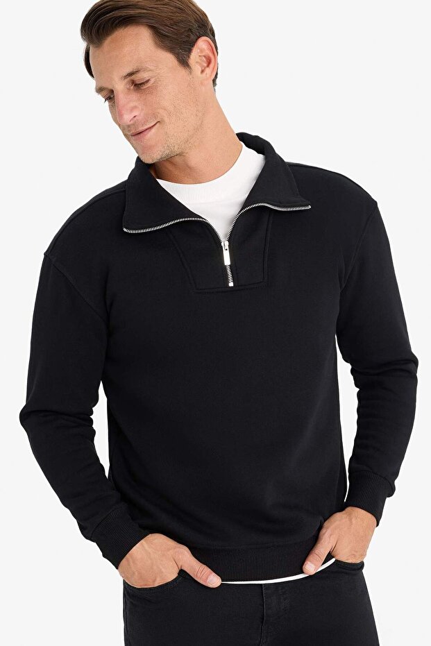 Relax Fit Dik Yaka Fermuarlı Basic Düz Kalın Sweatshirt E5332AX24WN - 1