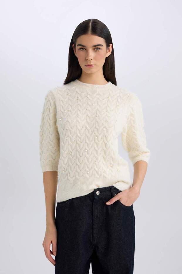 Regular Fit Bisiklet Yaka Basic Düz Yarım Kollu Triko Kazak D6205AX24WN - 3