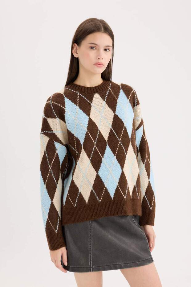 Regular Fit Baklava Desenli Bisiklet Yaka Triko Kazak D9519AX24WN - 3
