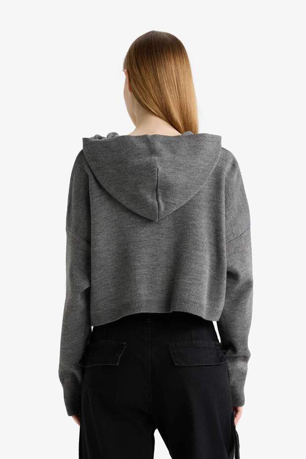 Regular Fit Kapüşonlu Basic Düz Fermuarlı Triko Hırka E2270AXNS - 6