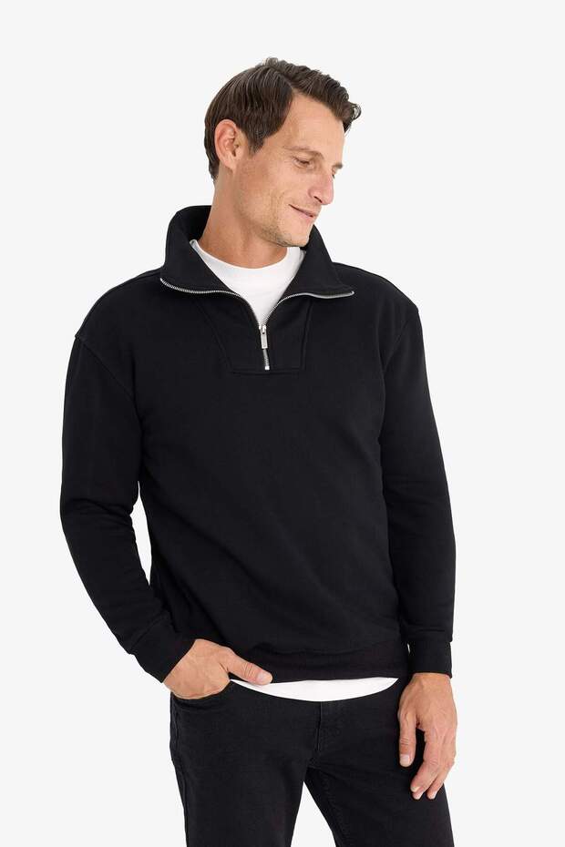 Relax Fit Dik Yaka Fermuarlı Basic Düz Kalın Sweatshirt E5332AX24WN - 4