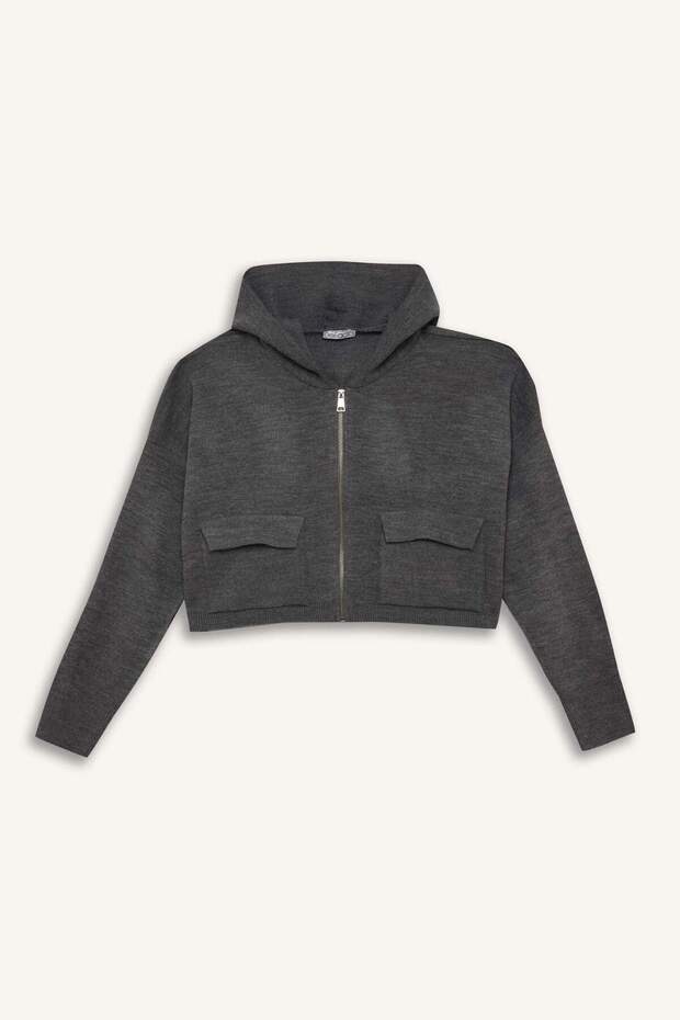 Regular Fit Kapüşonlu Basic Düz Fermuarlı Triko Hırka E2270AXNS - 7