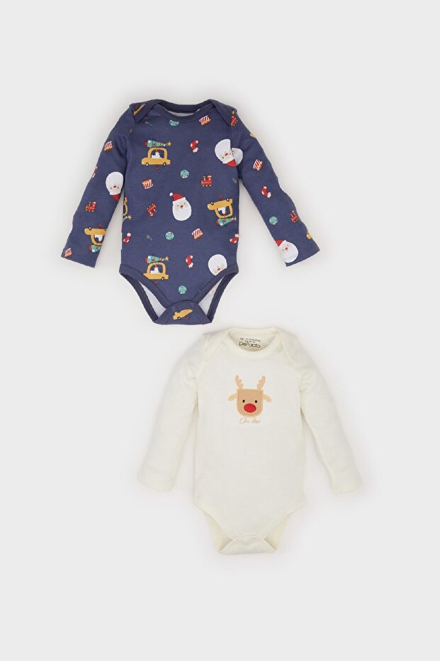 Baby Boy Newborn Envelope Collar Christmas Themed 2-Piece Long Sleeve Snap-On Bodysuit D6504A524Wn