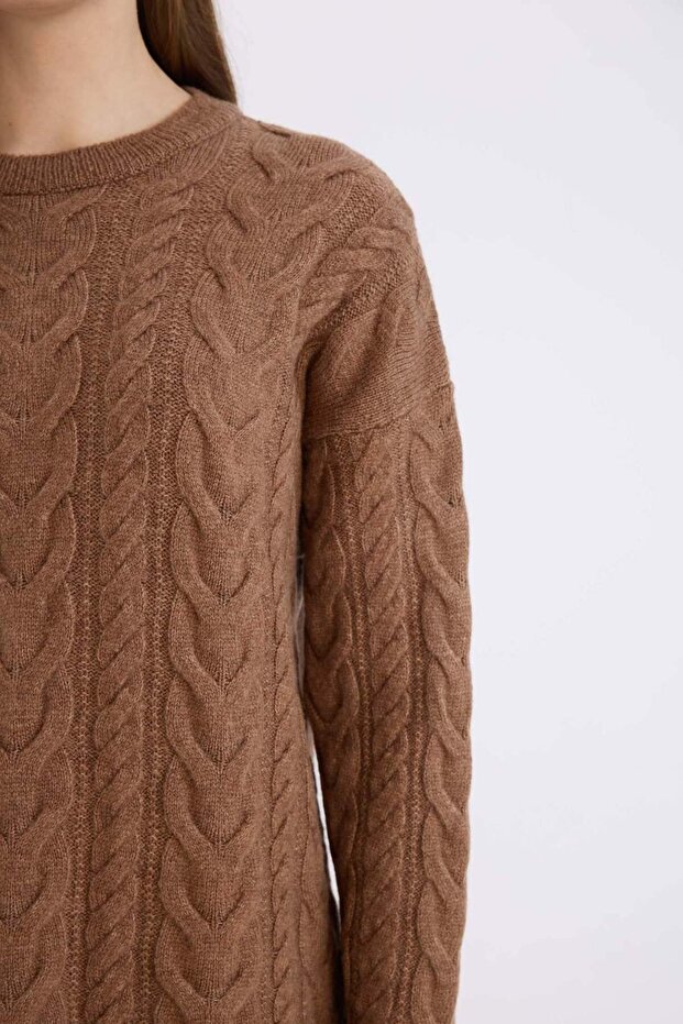 Regular Fit Bisiklet Yaka Saç Örgü Desenli Triko Kazak Tunik B4284AX24WN - 5