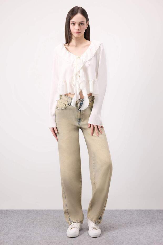 Regular Fit Önden Bağlamalı Krinkıl Viskon Uzun Kollu Bluz E4131AX25SP - 3