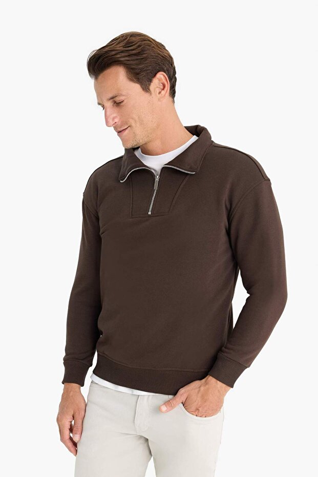 Relax Fit Dik Yaka Fermuarlı Basic Düz Kalın Sweatshirt E5332AX24WN - 4
