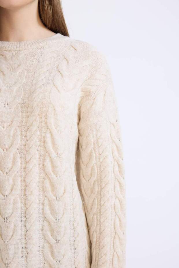 Regular Fit Bisiklet Yaka Saç Örgü Desenli Triko Kazak Tunik B4284AX24WN - 4