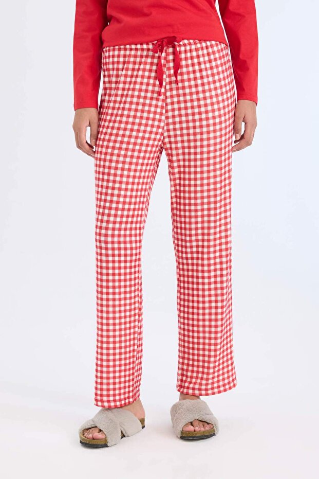 Pijama Takımı Regular Fit Uzun Kollu Üst Kareli Uzun Altı-Fall in Love D2303AX24WN - 5