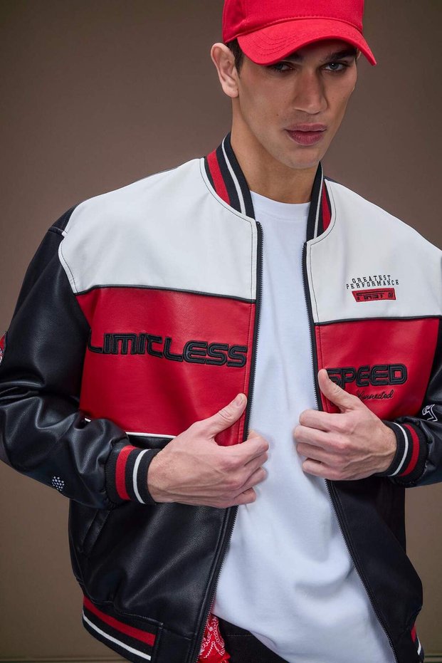 Water Repellent Bomber Coat Jacket Oversize Wide Fit Faux Leather College Collar Zippered Pocket Seasonal Lightweight