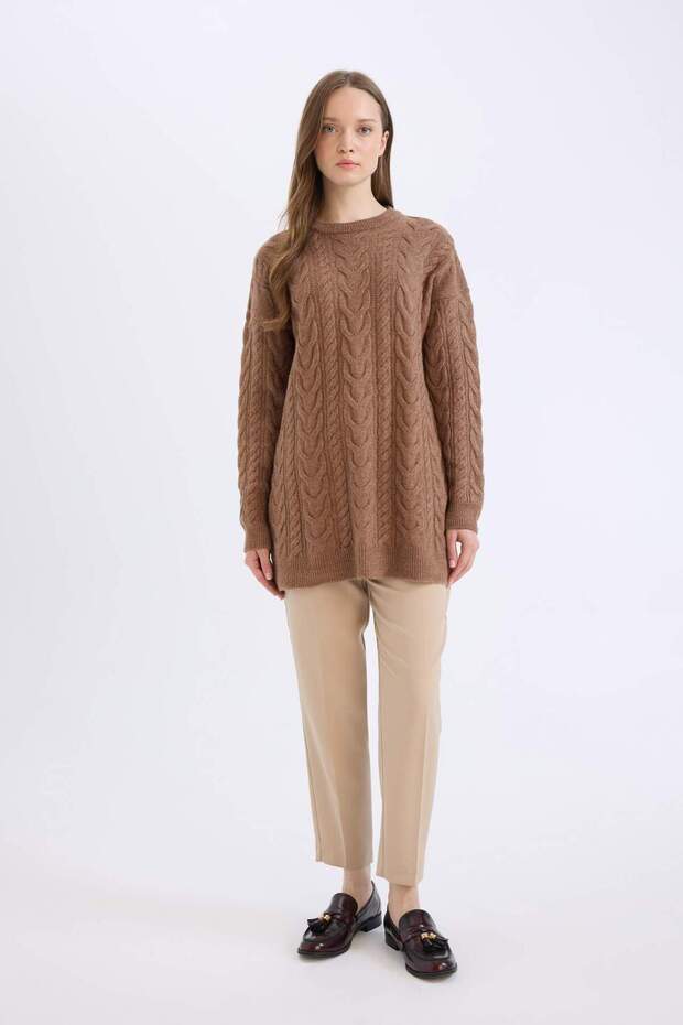 Regular Fit Bisiklet Yaka Saç Örgü Desenli Triko Kazak Tunik B4284AX24WN - 2