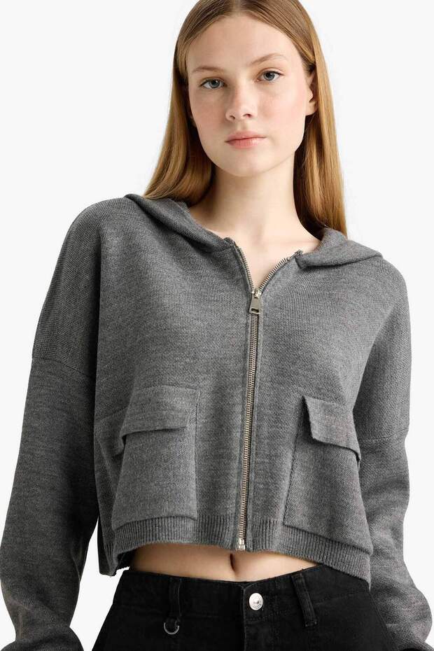 Regular Fit Kapüşonlu Basic Düz Fermuarlı Triko Hırka E2270AXNS - 1