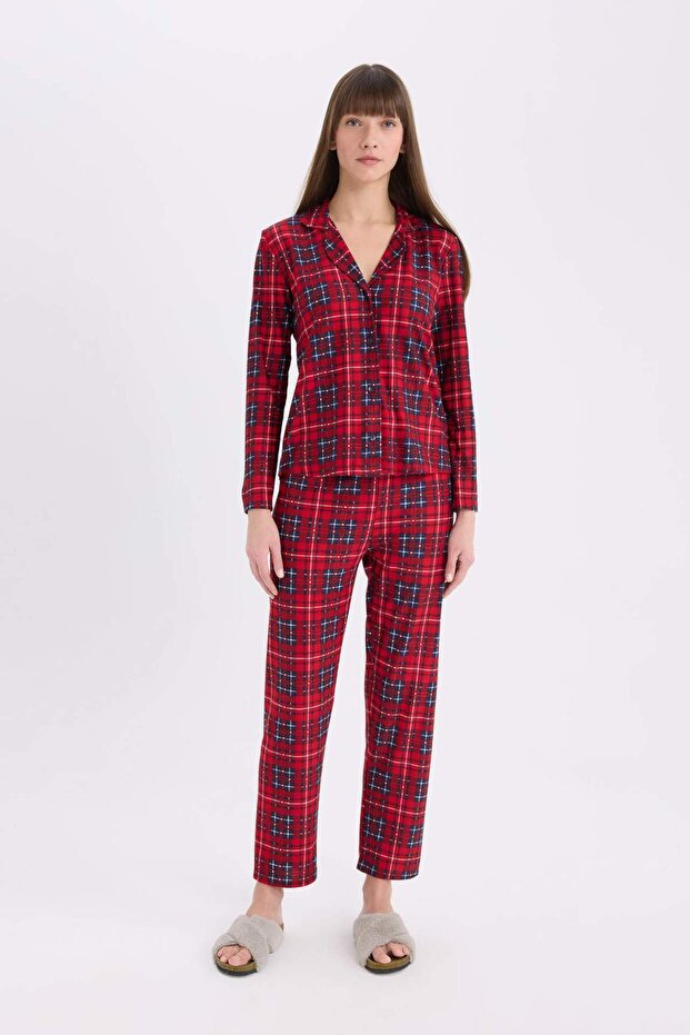 Pijama Takımı Kareli Uzun Kollu Üst Beli Lastikli Uzun Alt-Fall in Love E6324AX24WN - 1
