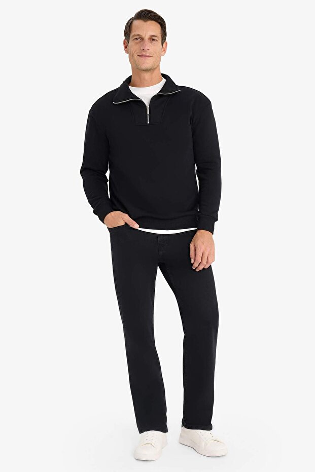 Relax Fit Dik Yaka Fermuarlı Basic Düz Kalın Sweatshirt E5332AX24WN - 2