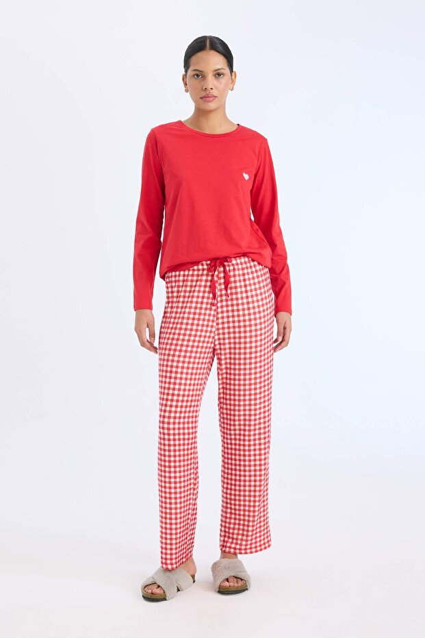 Pijama Takımı Regular Fit Uzun Kollu Üst Kareli Uzun Altı-Fall in Love D2303AX24WN - 1