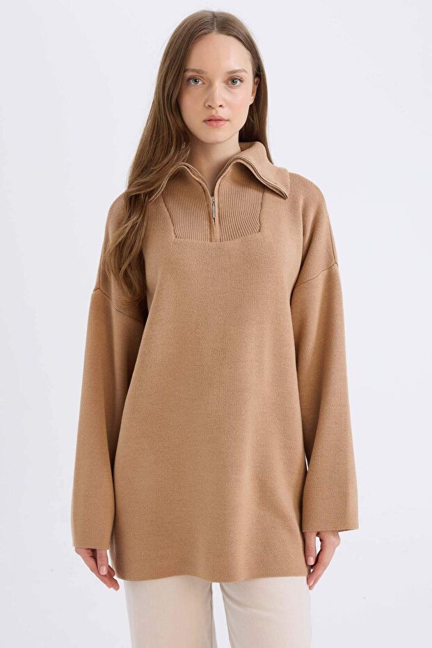 Regular Fit Zippered Stand Collar Knitwear Sweater Tunic B0191Ax24Wn