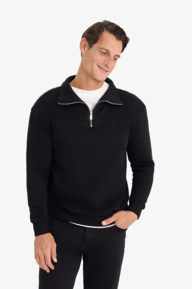 Relax Fit Dik Yaka Fermuarlı Basic Düz Kalın Sweatshirt E5332AX24WN - 3