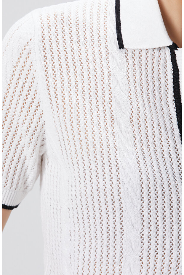 Beyaz Delikli Örgü Triko Gömlek - 6