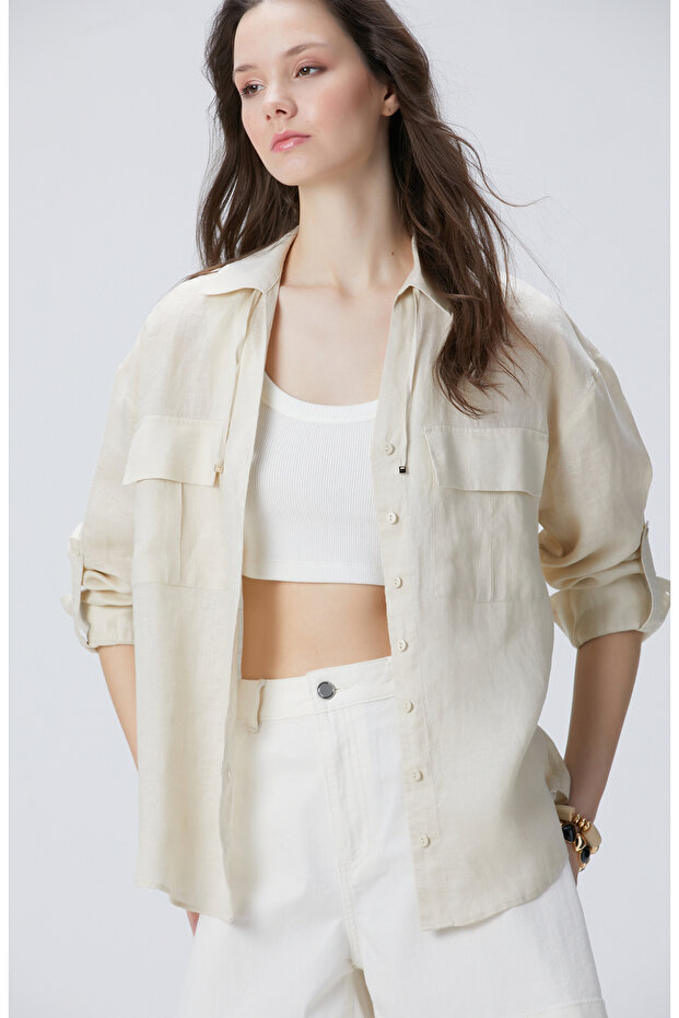 Bej Keten Gömlek - 4
