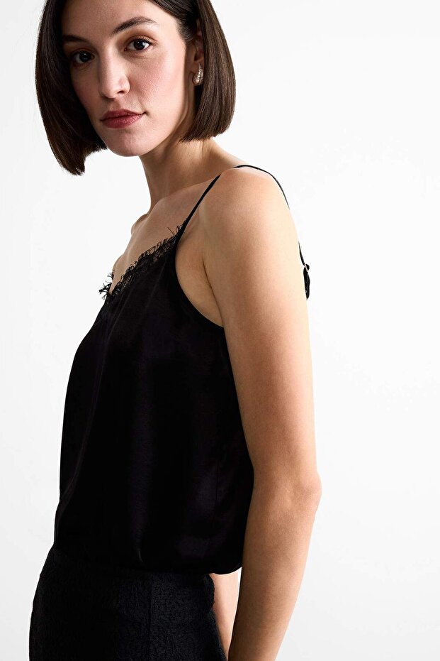 Basic Düz V Yaka Saten Askılı Bluz E0214AX24WN - 3