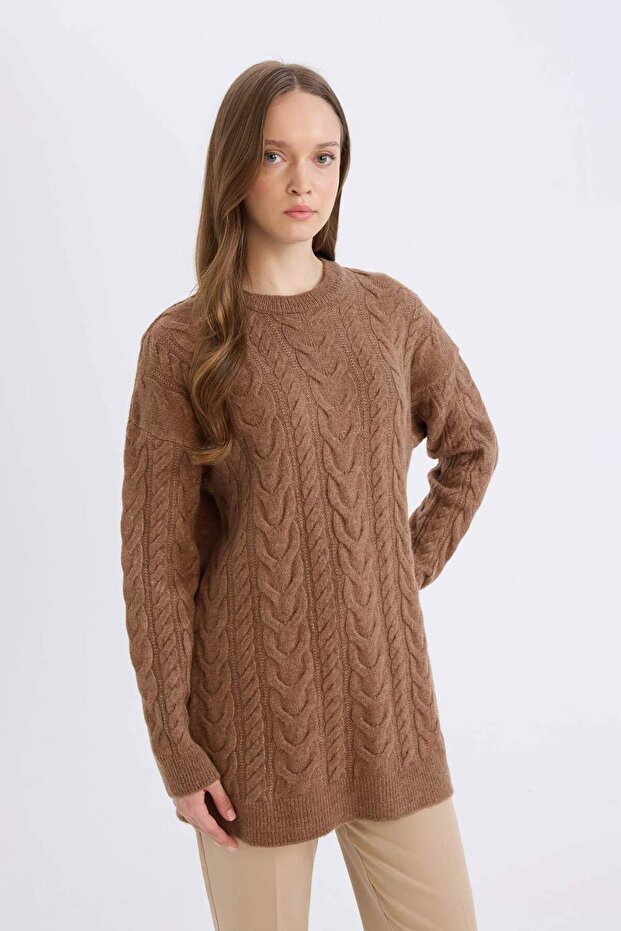 Regular Fit Bisiklet Yaka Saç Örgü Desenli Triko Kazak Tunik B4284AX24WN - 4