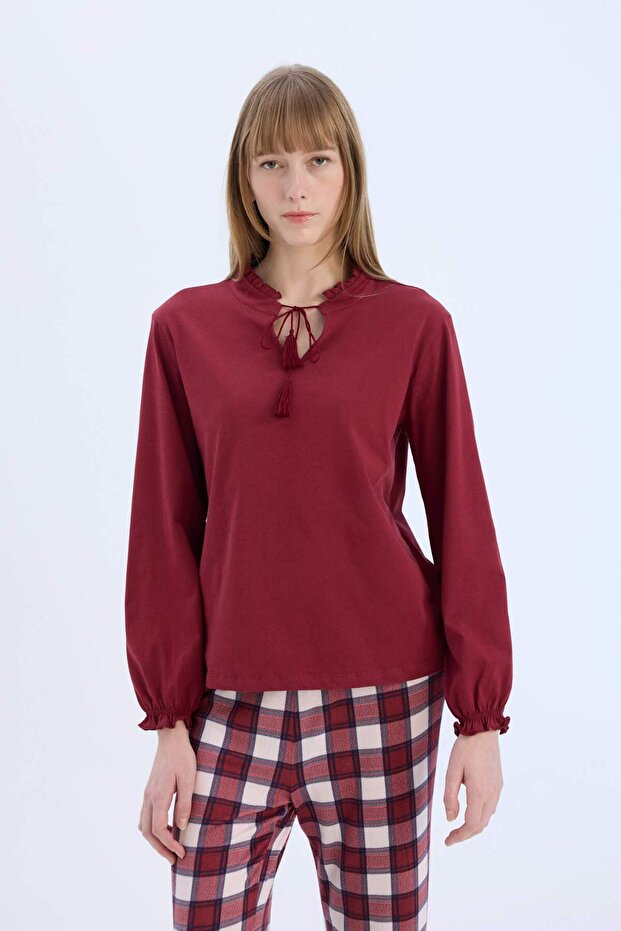 Pijama Takımı Regular Fit Uzun Kollu Üst Kareli Uzun Alt-Fall in Love E2353AX24WN - 4