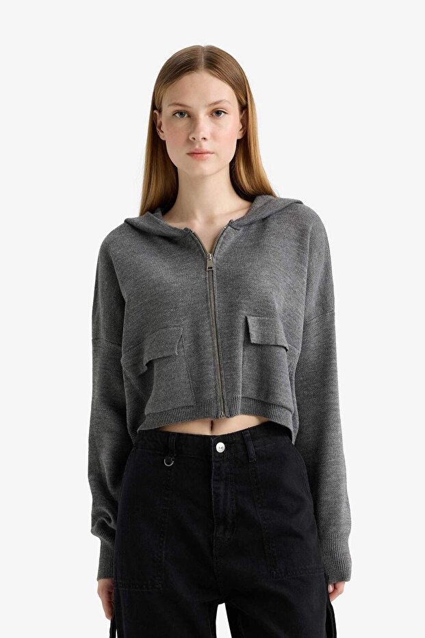 Regular Fit Kapüşonlu Basic Düz Fermuarlı Triko Hırka E2270AXNS - 3