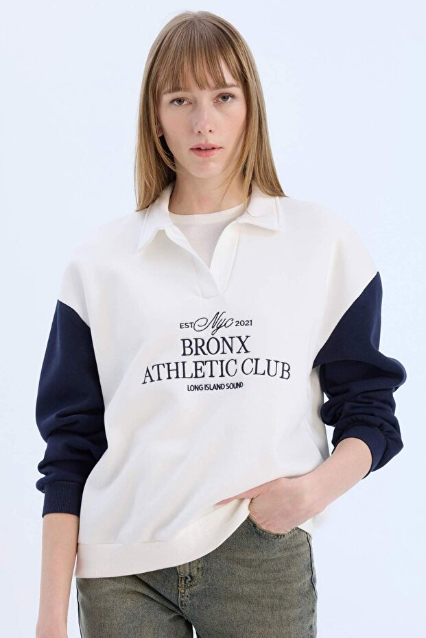 Oversize Wide Fit Polo Neck Printed Thick Sweatshirt E1852Ax24Wn
