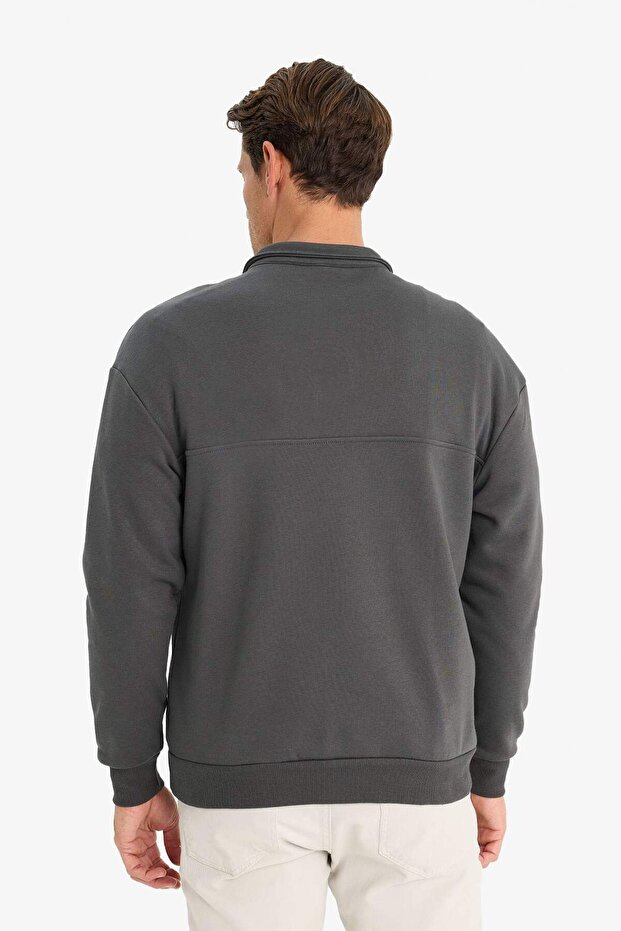 Relax Fit Dik Yaka Fermuarlı Basic Düz Kalın Sweatshirt E5334AX24WN - 5