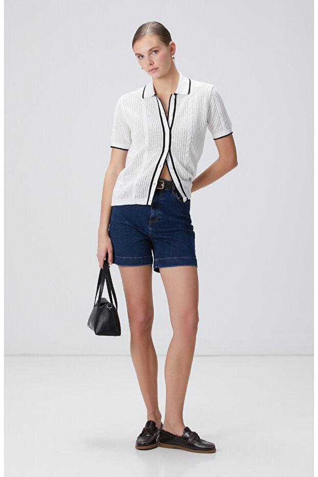 Beyaz Delikli Örgü Triko Gömlek - 3