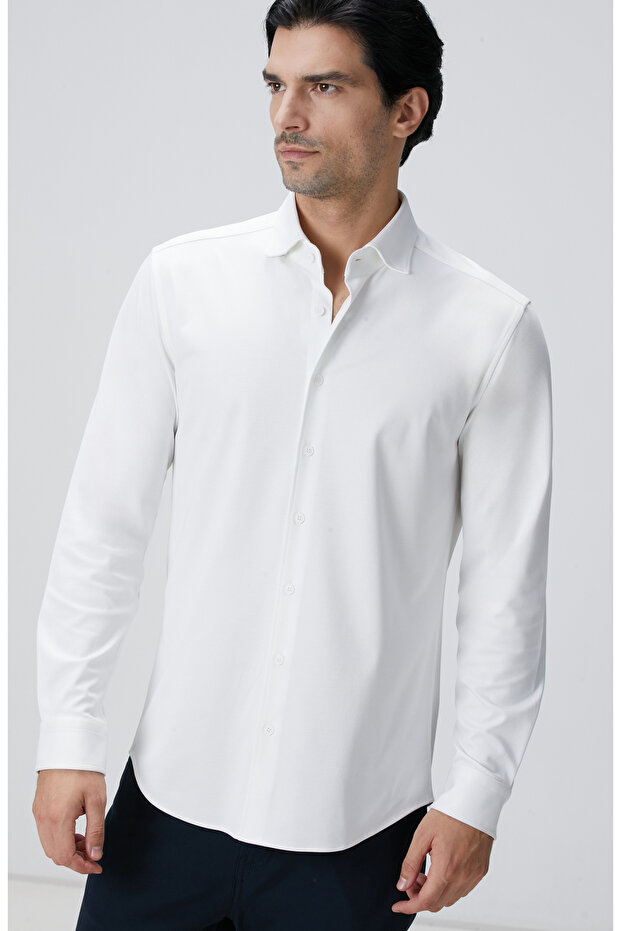 Beyaz N-Tech Fermuarlı Örme Gömlek - 5