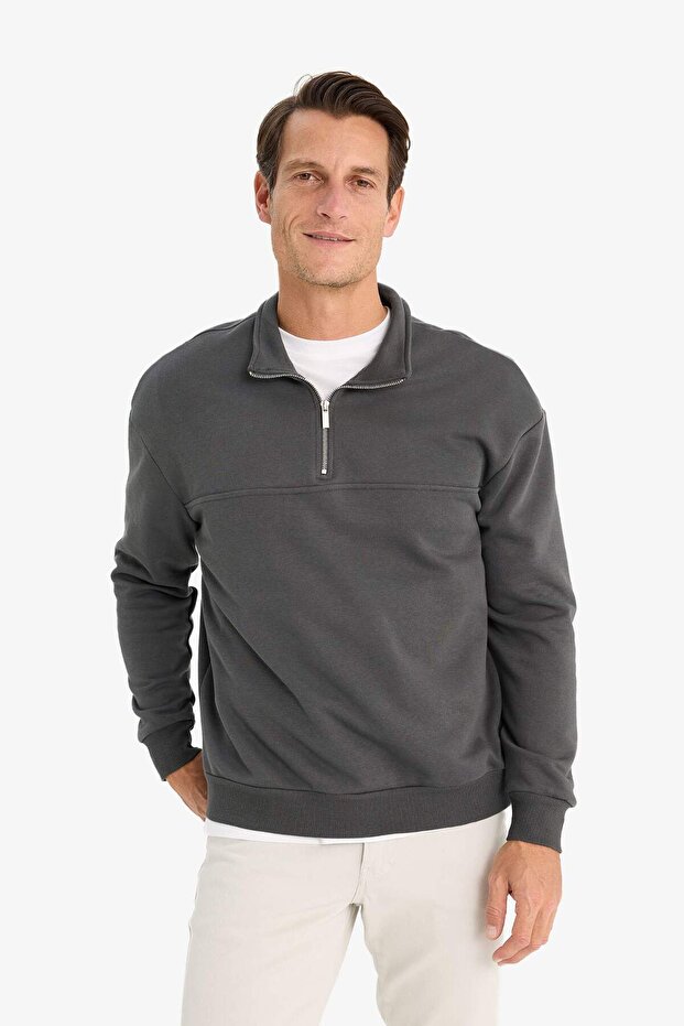 Relax Fit Dik Yaka Fermuarlı Basic Düz Kalın Sweatshirt E5334AX24WN - 3