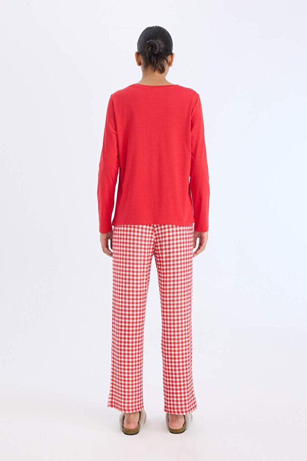 Pijama Takımı Regular Fit Uzun Kollu Üst Kareli Uzun Altı-Fall in Love D2303AX24WN - 6