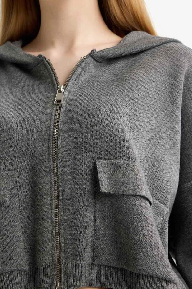 Regular Fit Kapüşonlu Basic Düz Fermuarlı Triko Hırka E2270AXNS - 5