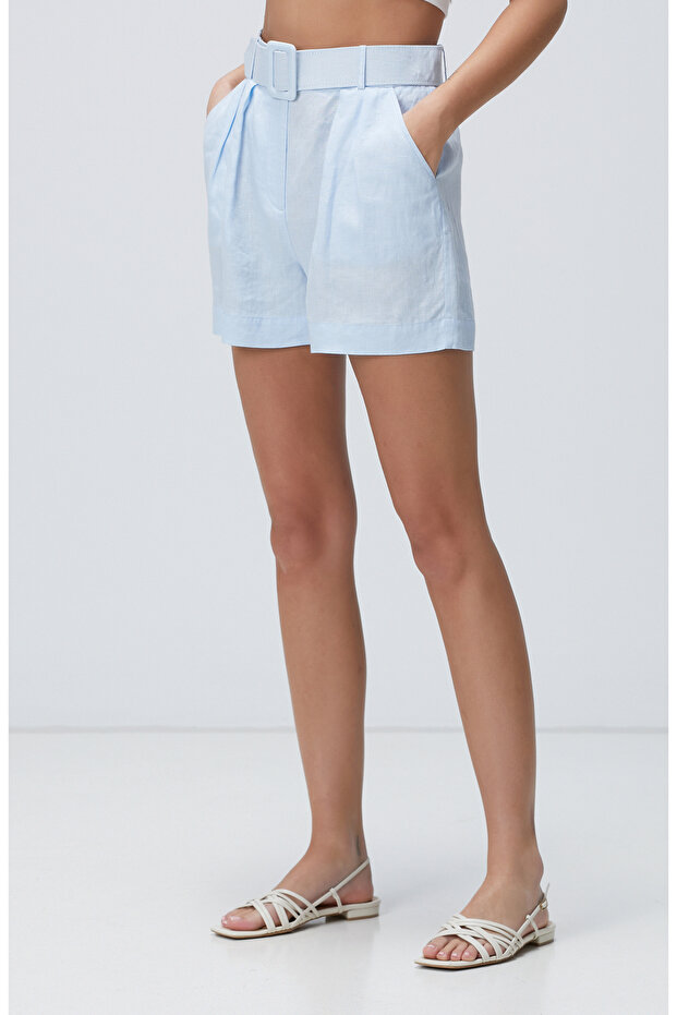Açık Mavi Keten Şort - 5
