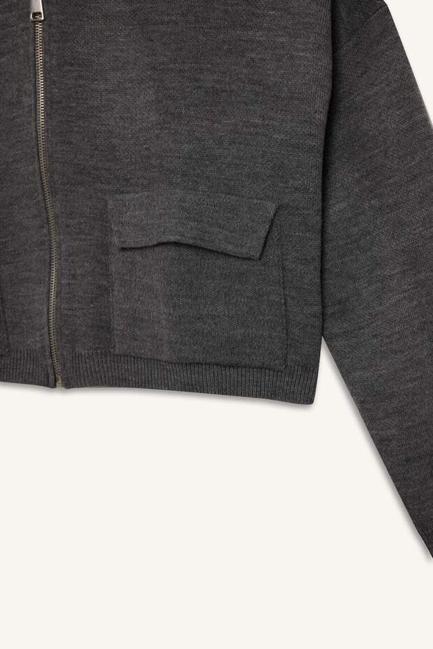 Regular Fit Kapüşonlu Basic Düz Fermuarlı Triko Hırka E2270AXNS - 8