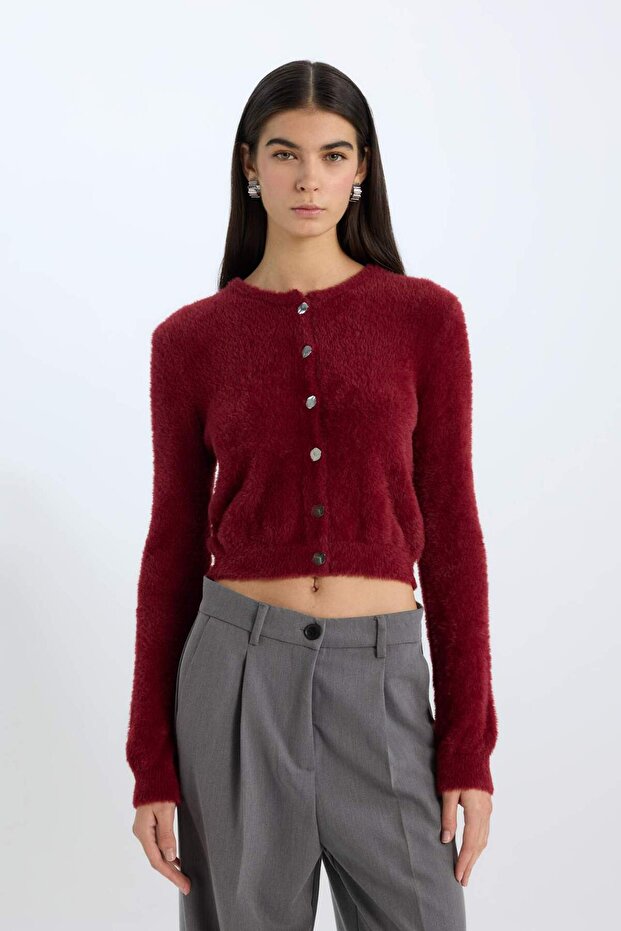 Regular Fit Bisiklet Yaka Düğmeli Triko Bordo Hırka E2428AX24WN - 1