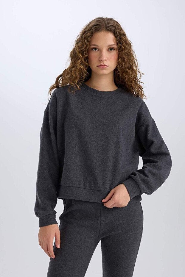 2-Piece Set Basic Plain Crew Neck Top Flexible Waist Long Bottom E3841Axns - 3