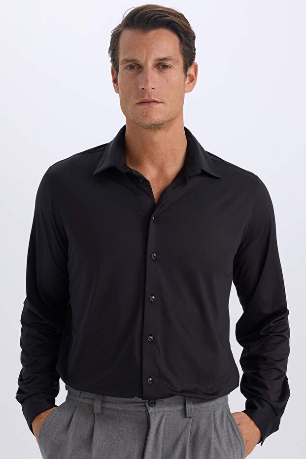 Slim Fit Slim Fit Polo Collar Long Sleeve Black Shirt D4525Ax24Au
