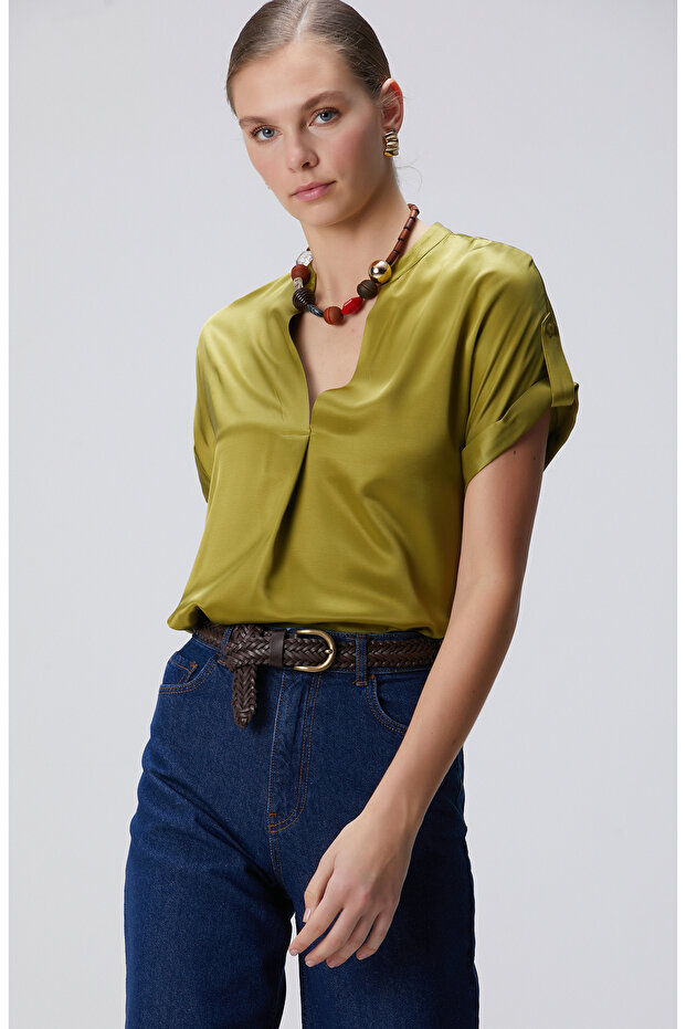 Yağ Yeşili Viskon Bluz - 4