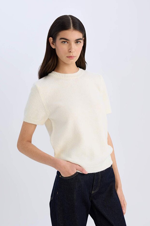 Regular Fit Bisiklet Yaka Basic Düz Triko Kısa Kollu Tişört  Kazak E3214AX24WN - 1