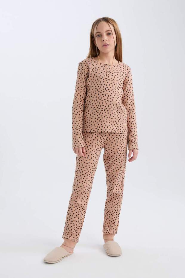 Kız Çocuk Pijama Takımı Fitilli Kaşkorse Desenli Bisiklet Yaka Uzun Kollu Üst Uzun Alt D7748a8 - 1
