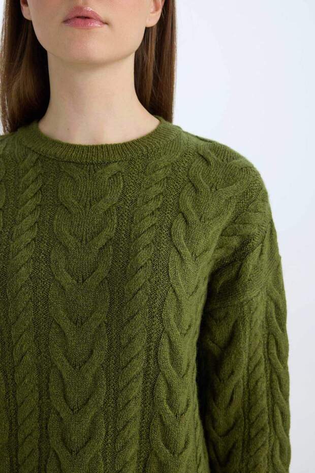 Regular Fit Bisiklet Yaka Saç Örgü Desenli Triko Kazak Tunik B4284AX24WN - 5