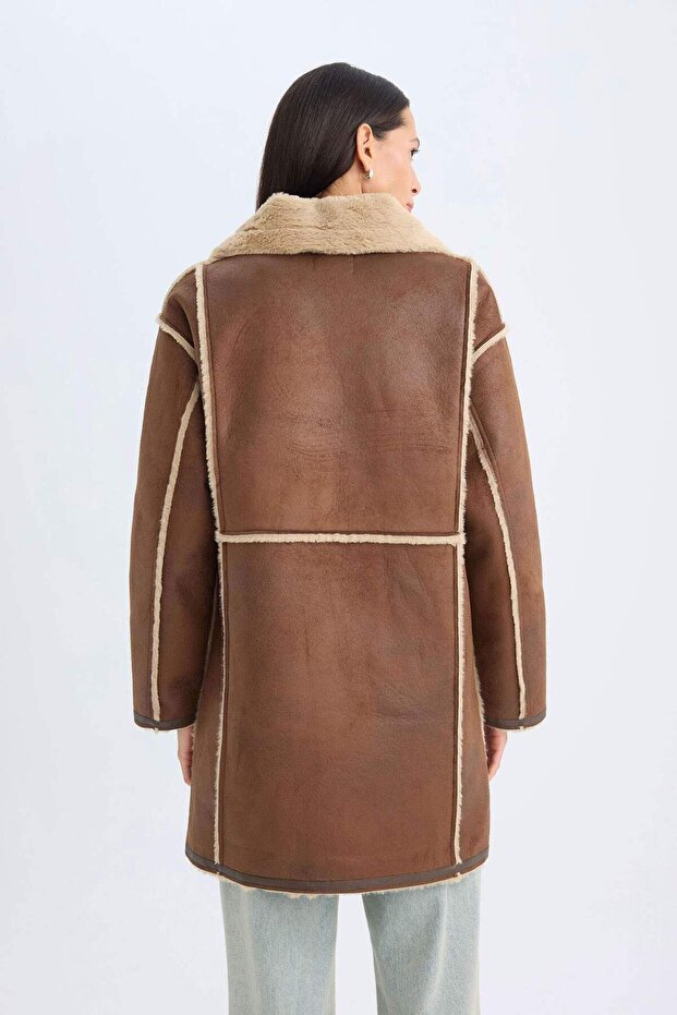 Suede Coat - Plush Lined with Buttons and Pockets D4202Ax24Wn - 6