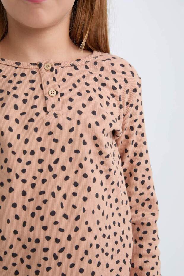 Kız Çocuk Pijama Takımı Fitilli Kaşkorse Desenli Bisiklet Yaka Uzun Kollu Üst Uzun Alt D7748a8 - 6