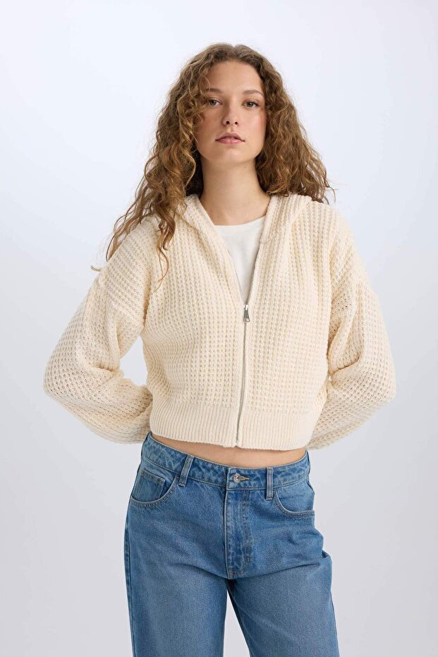 Regular Fit Kapüşonlu Fermuarlı Triko Hırka E2269AXNS - 4